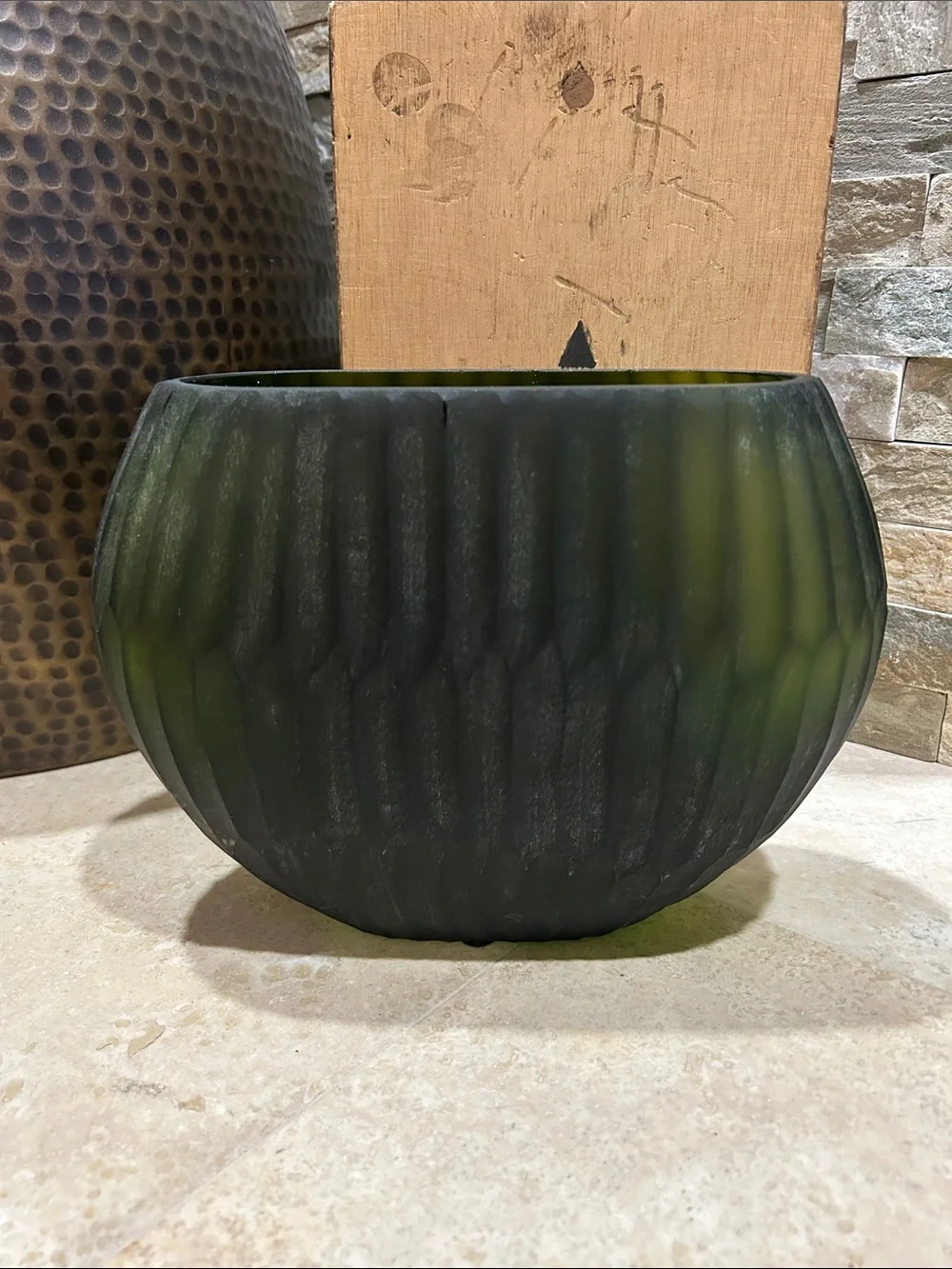 Reptilia frosted olive-green ribbed glass vase